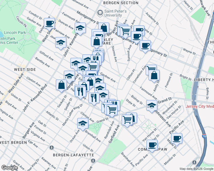 map of restaurants, bars, coffee shops, grocery stores, and more near 21 Belmont Avenue in Jersey City