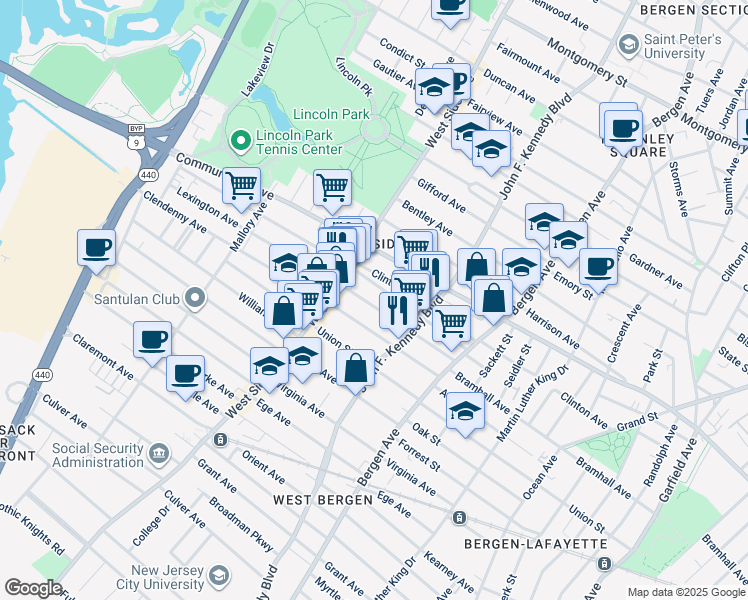 map of restaurants, bars, coffee shops, grocery stores, and more near 90 Lexington Avenue in Jersey City