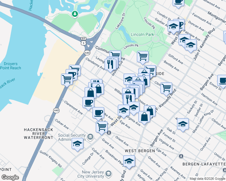 map of restaurants, bars, coffee shops, grocery stores, and more near 59 Williams Avenue in Jersey City
