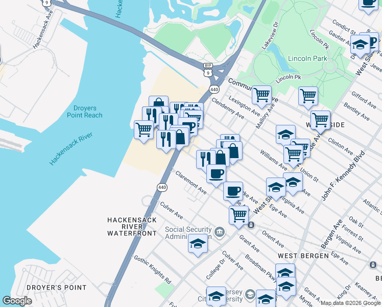 map of restaurants, bars, coffee shops, grocery stores, and more near 16 Bennett Street in Jersey City