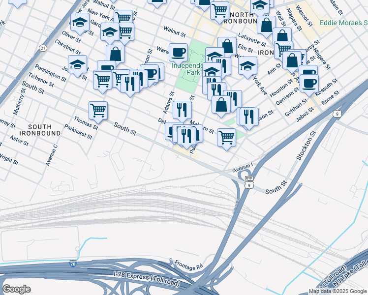 map of restaurants, bars, coffee shops, grocery stores, and more near 392 South Street in Newark