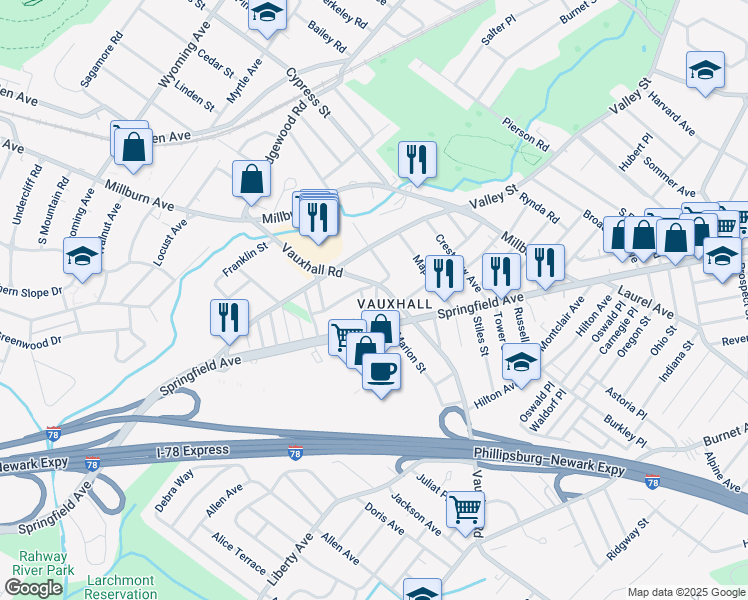 map of restaurants, bars, coffee shops, grocery stores, and more near 21 Amboy Street in Union