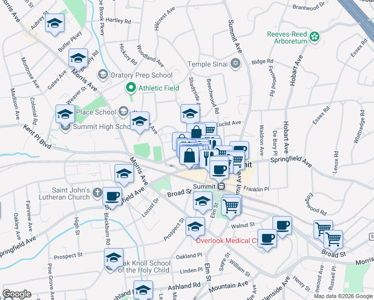map of restaurants, bars, coffee shops, grocery stores, and more near 51 Deforest Avenue in Summit