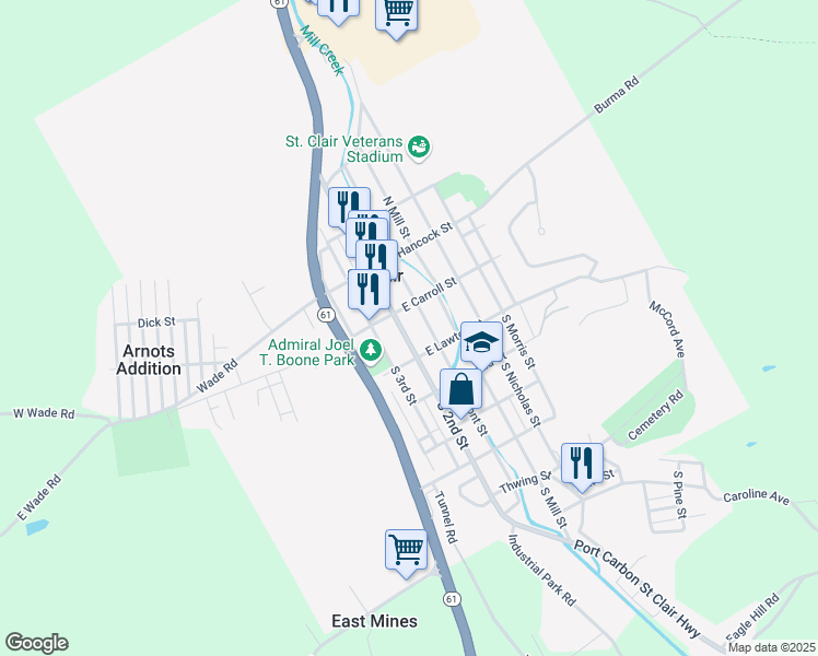 map of restaurants, bars, coffee shops, grocery stores, and more near 33 -35 North 2nd Street in Saint Clair
