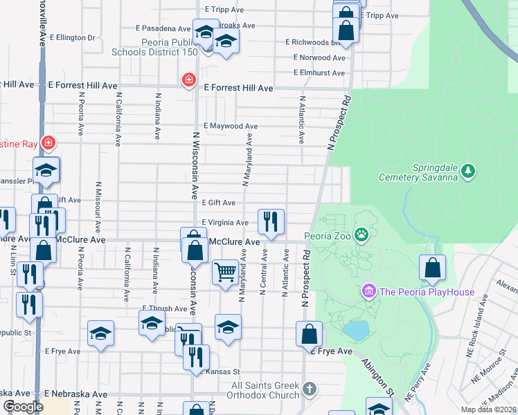map of restaurants, bars, coffee shops, grocery stores, and more near 1018 East Gift Avenue in Peoria