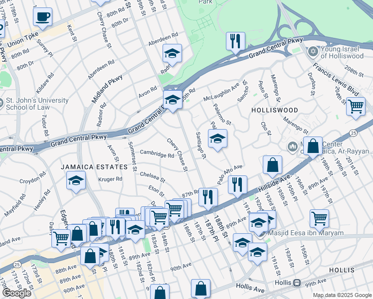 map of restaurants, bars, coffee shops, grocery stores, and more near 86-50 188th Street in Queens