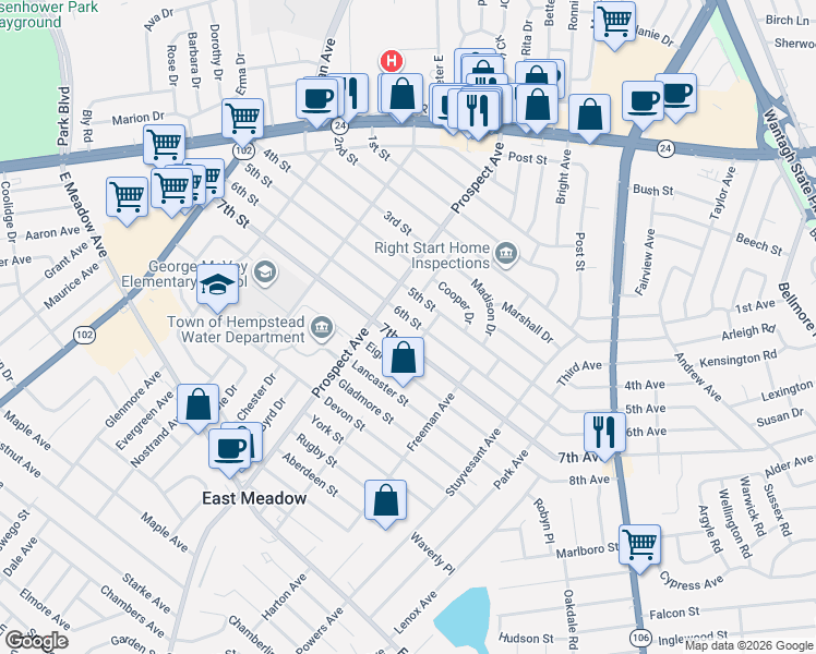 map of restaurants, bars, coffee shops, grocery stores, and more near 2045 Dewolfe Place in East Meadow