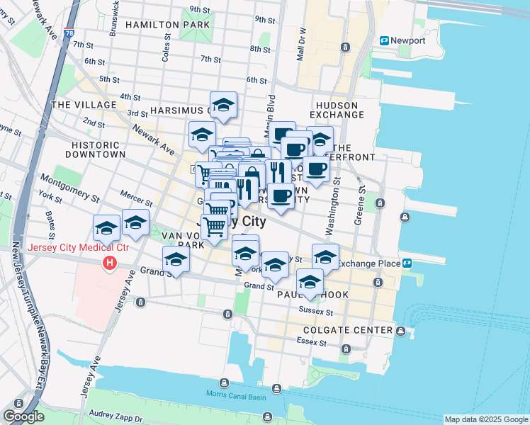 map of restaurants, bars, coffee shops, grocery stores, and more near 80 Christopher Columbus Drive in Jersey City