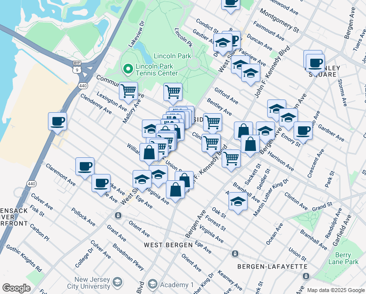 map of restaurants, bars, coffee shops, grocery stores, and more near 115 Lexington Avenue in Jersey City