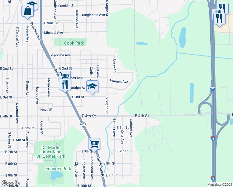 map of restaurants, bars, coffee shops, grocery stores, and more near 1300 South Perry Street in Lima