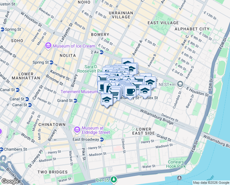 map of restaurants, bars, coffee shops, grocery stores, and more near 120 Delancey Street in New York