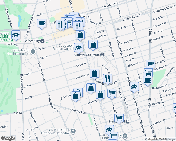 map of restaurants, bars, coffee shops, grocery stores, and more near 126 3rd Street in Garden City