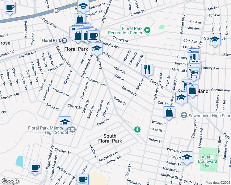 map of restaurants, bars, coffee shops, grocery stores, and more near 286 Carnation Avenue in Floral Park
