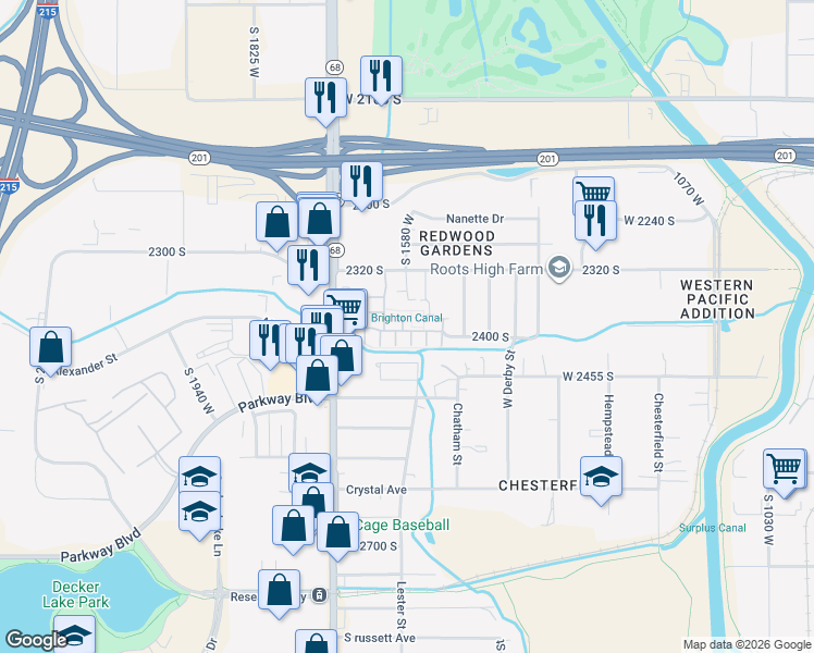 map of restaurants, bars, coffee shops, grocery stores, and more near 2383 Big Oak Court in West Valley City