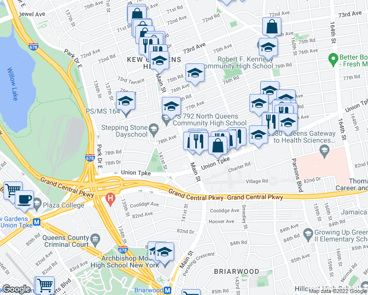 map of restaurants, bars, coffee shops, grocery stores, and more near 78-32 Main Street in Queens
