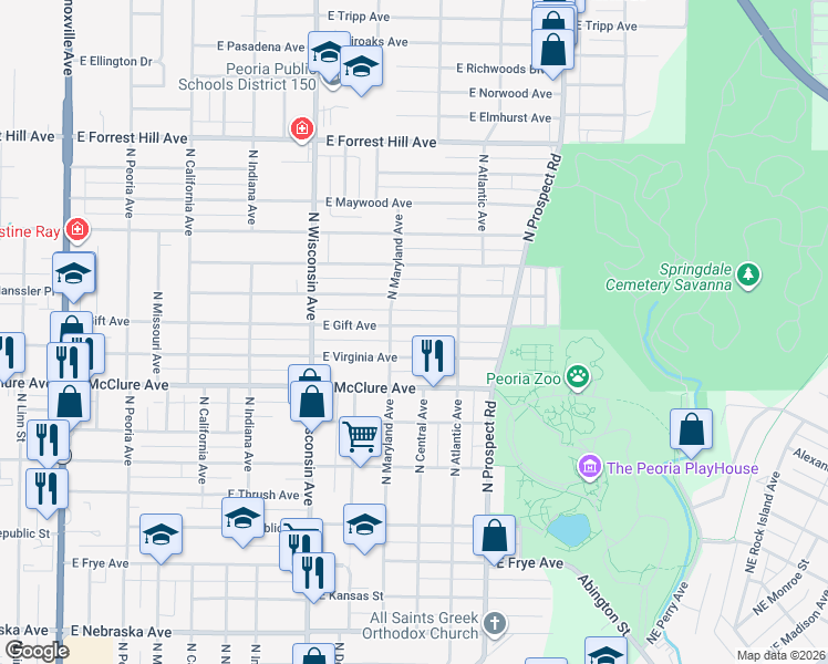 map of restaurants, bars, coffee shops, grocery stores, and more near 1018 East Gift Avenue in Peoria