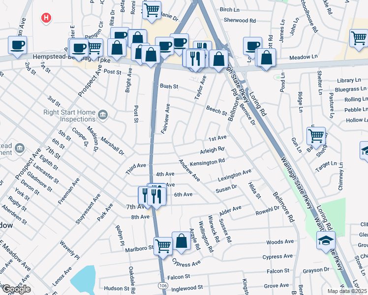 map of restaurants, bars, coffee shops, grocery stores, and more near 2550 1st Avenue in East Meadow
