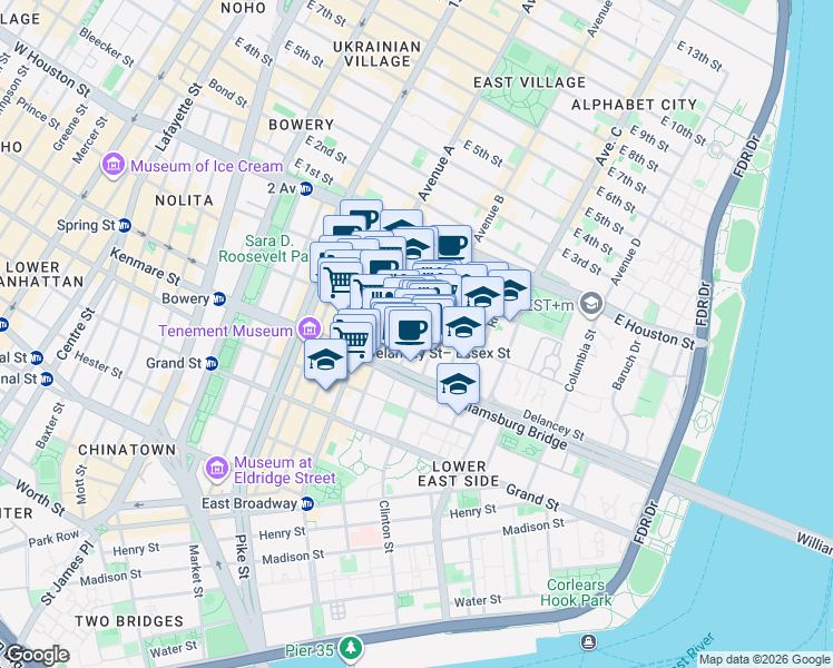 map of restaurants, bars, coffee shops, grocery stores, and more near 147 Rivington Street in New York