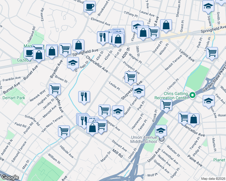 map of restaurants, bars, coffee shops, grocery stores, and more near 26 Olympic Terrace in Irvington
