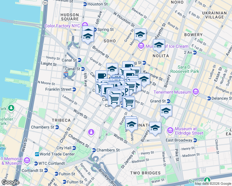 map of restaurants, bars, coffee shops, grocery stores, and more near 269 Canal Street in New York
