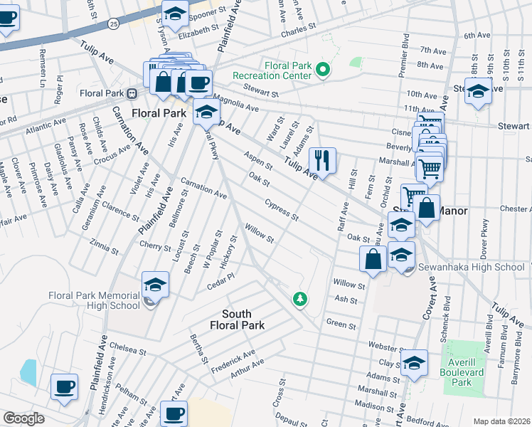 map of restaurants, bars, coffee shops, grocery stores, and more near 323 Carnation Avenue in Floral Park