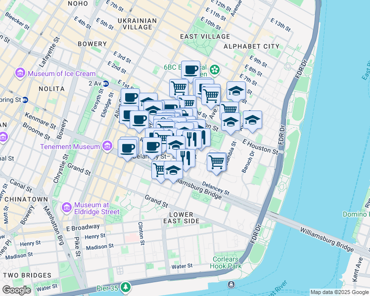 map of restaurants, bars, coffee shops, grocery stores, and more near 123 Ridge Street in New York