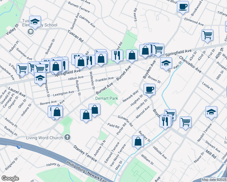 map of restaurants, bars, coffee shops, grocery stores, and more near 112 Burnett Avenue in Maplewood