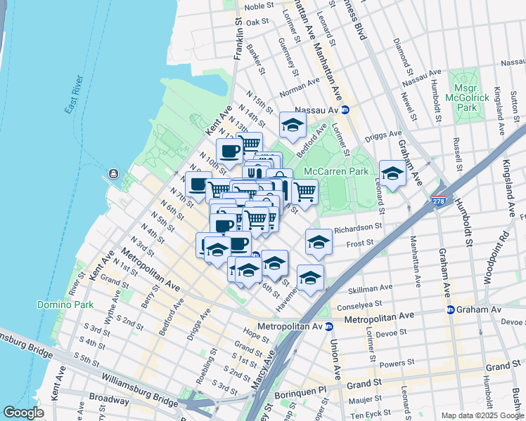 map of restaurants, bars, coffee shops, grocery stores, and more near 167 North 9th Street in Brooklyn