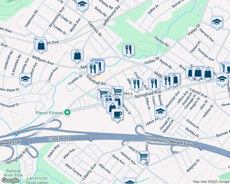 map of restaurants, bars, coffee shops, grocery stores, and more near 21 Amboy Street in Union