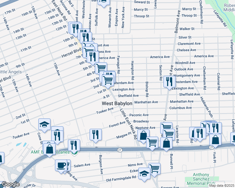 map of restaurants, bars, coffee shops, grocery stores, and more near 11 Sheffield Avenue in West Babylon