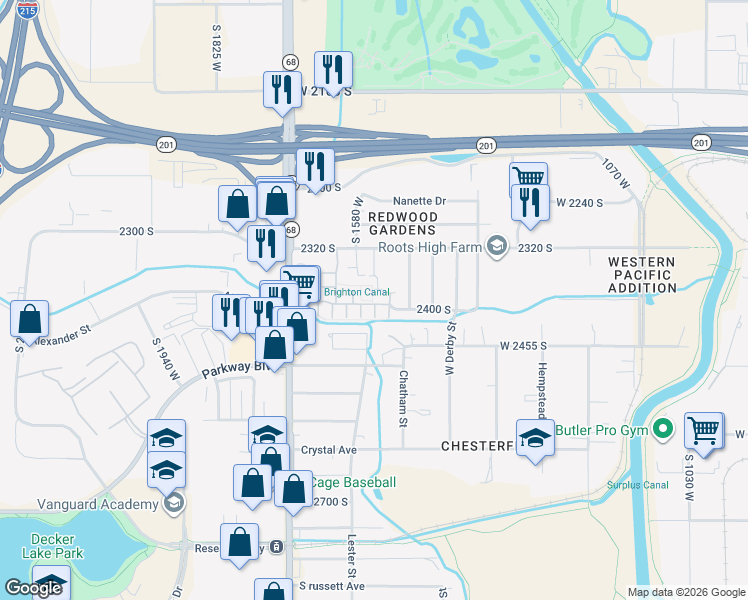map of restaurants, bars, coffee shops, grocery stores, and more near 2383 Big Oak Court in West Valley City