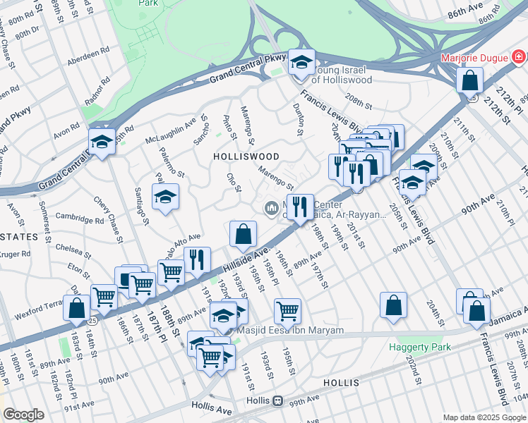 map of restaurants, bars, coffee shops, grocery stores, and more near 196-15 Dunton Avenue in Queens