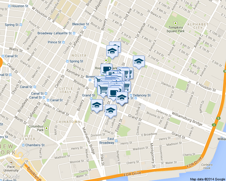 map of restaurants, bars, coffee shops, grocery stores, and more near 67 Delancey St in New York