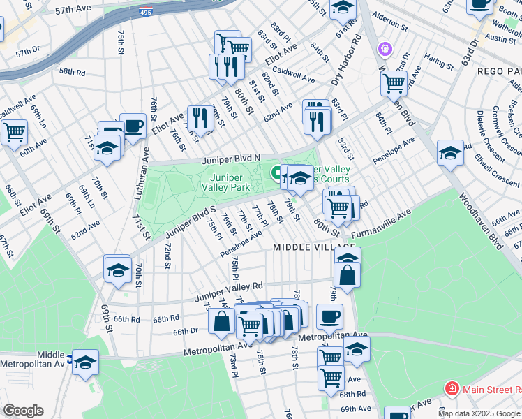 map of restaurants, bars, coffee shops, grocery stores, and more near 63-38 77th Place in Queens