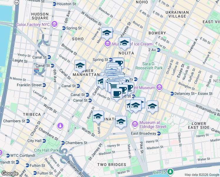 map of restaurants, bars, coffee shops, grocery stores, and more near 191 Grand Street in New York