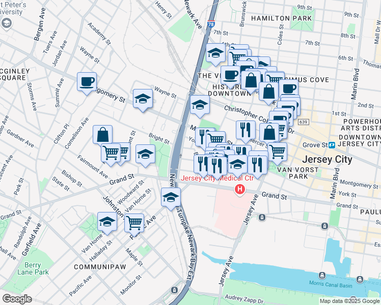 map of restaurants, bars, coffee shops, grocery stores, and more near 40 Center Street in Jersey City