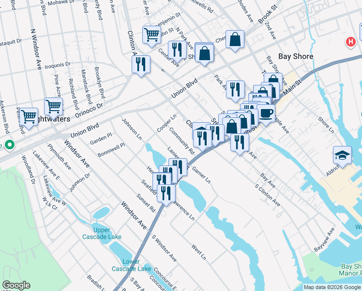 map of restaurants, bars, coffee shops, grocery stores, and more near 18 Community Road in Bay Shore