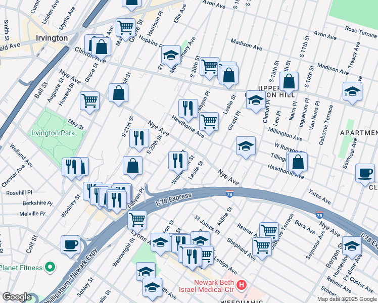 map of restaurants, bars, coffee shops, grocery stores, and more near 244 Nye Avenue in Newark