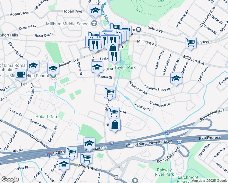map of restaurants, bars, coffee shops, grocery stores, and more near 186 Main Street in Essex County