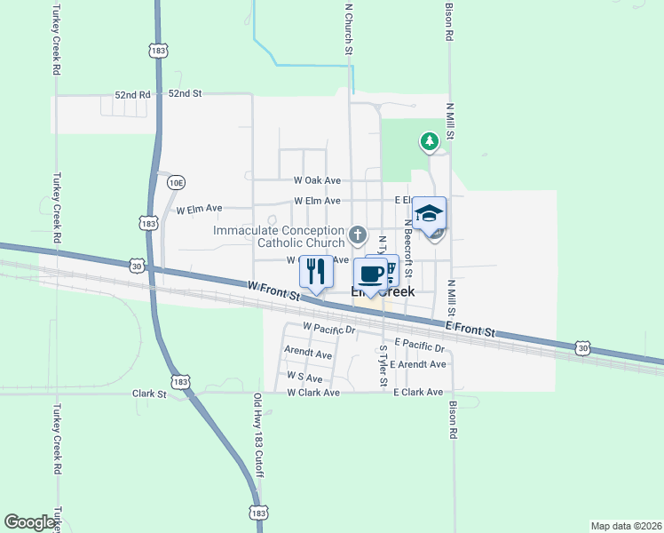 map of restaurants, bars, coffee shops, grocery stores, and more near in Elm Creek