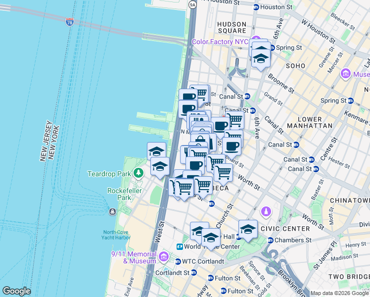 map of restaurants, bars, coffee shops, grocery stores, and more near 68 Harrison Street in New York