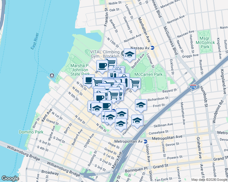 map of restaurants, bars, coffee shops, grocery stores, and more near 167 North 9th Street in Brooklyn