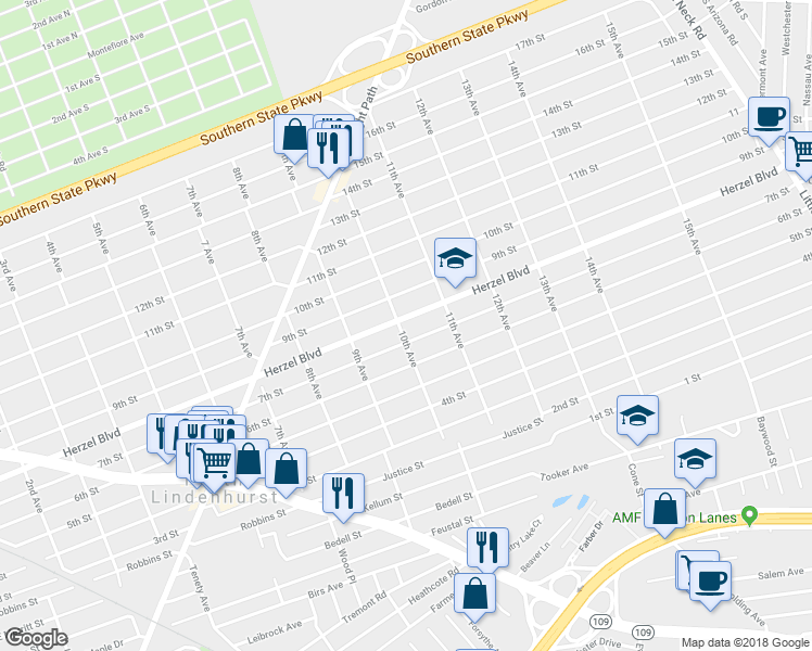 map of restaurants, bars, coffee shops, grocery stores, and more near 150 10th Avenue in West Babylon