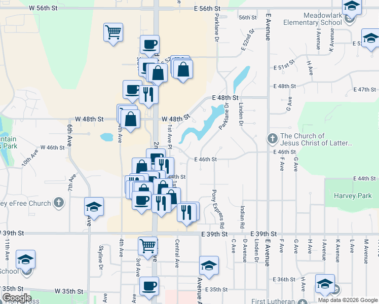 map of restaurants, bars, coffee shops, grocery stores, and more near 1 Crestview Place in Kearney