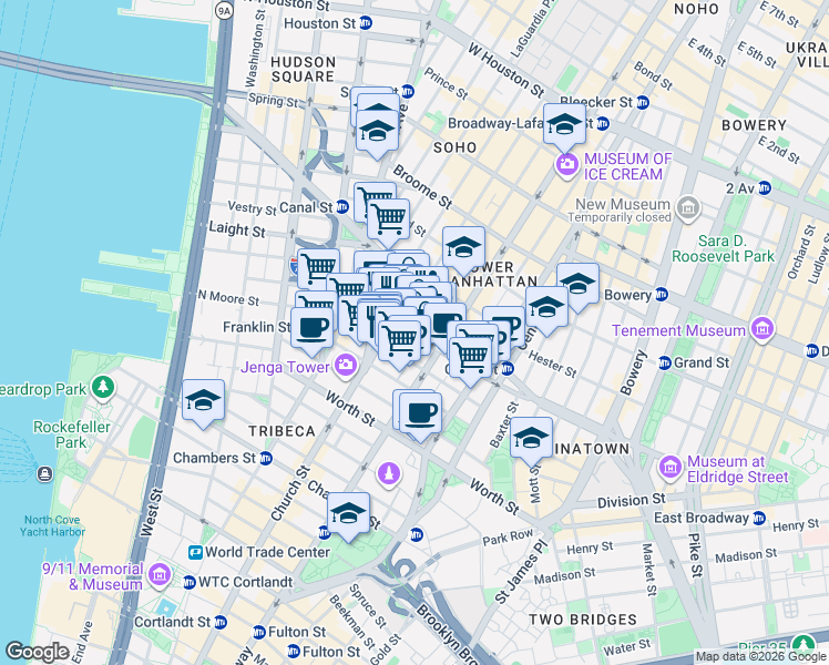 map of restaurants, bars, coffee shops, grocery stores, and more near 39 Walker Street in New York