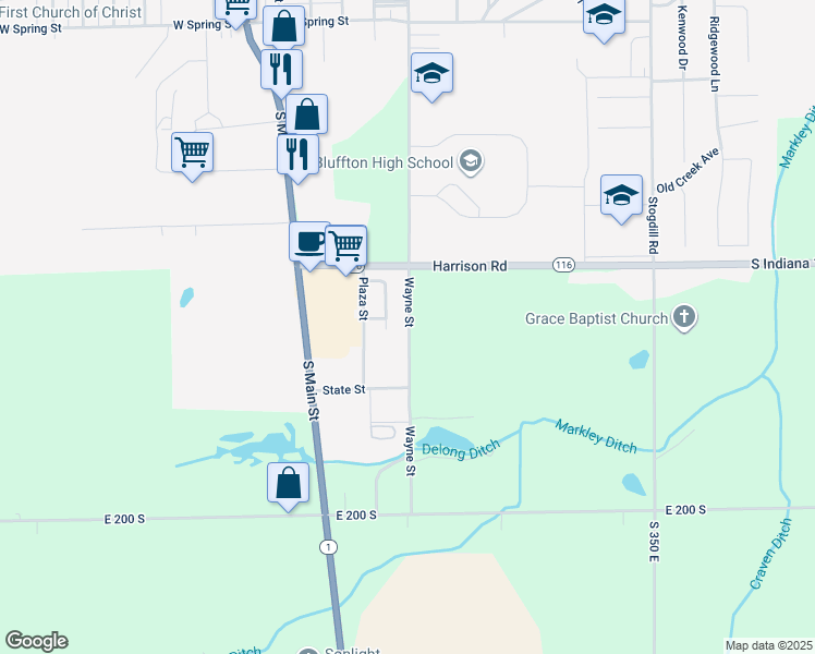 map of restaurants, bars, coffee shops, grocery stores, and more near 1626 Wayne Street in Bluffton