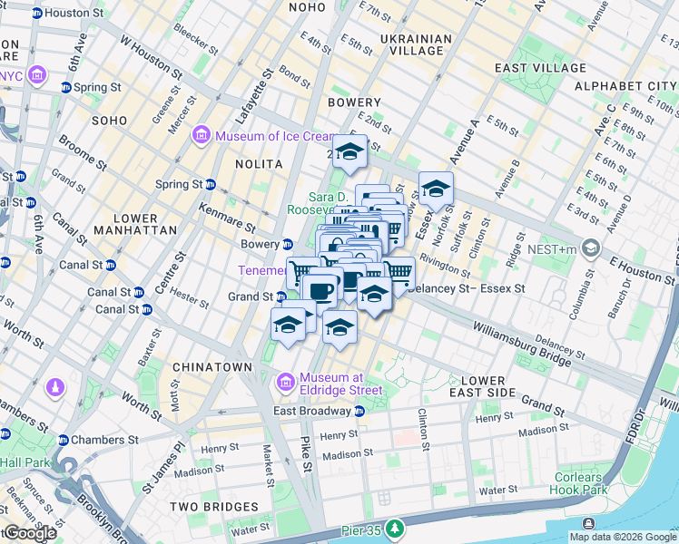 map of restaurants, bars, coffee shops, grocery stores, and more near 61 Delancey Street in New York