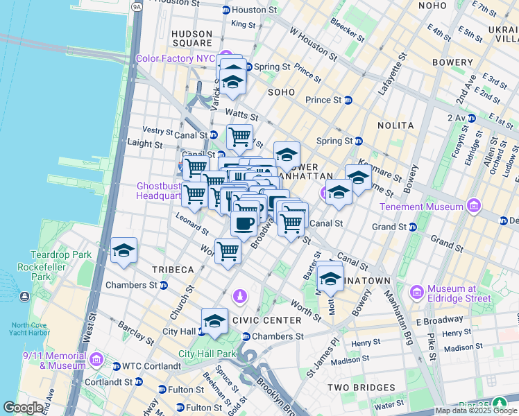 map of restaurants, bars, coffee shops, grocery stores, and more near 39 Walker Street in New York