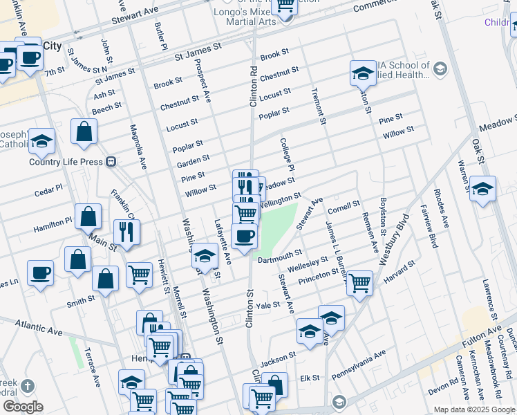 map of restaurants, bars, coffee shops, grocery stores, and more near 72 Wellington Street in Hempstead