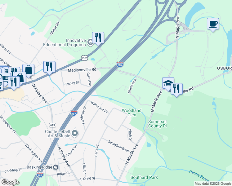map of restaurants, bars, coffee shops, grocery stores, and more near 34 Roberts Circle in Basking Ridge